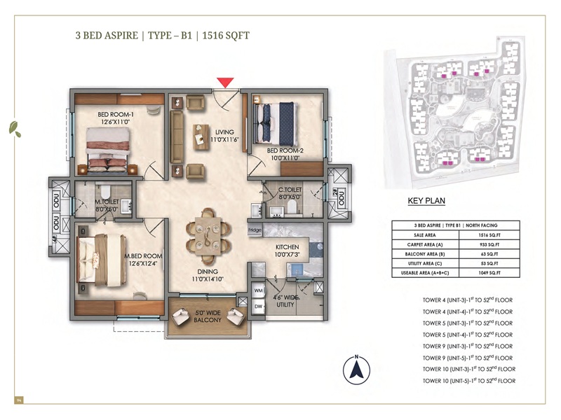Prestige Golden Grove 3 BHK Floor Plan Prestige Golden Grove 3 BHK 1516 Sq Ft Floor Plan