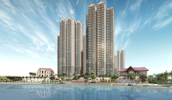 Exterior rendering of the Prestige Golden Grove towers above the central forest park, Velimela