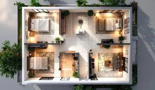 Top-down rendered view of an apartment floor plan showing room layout and space planning