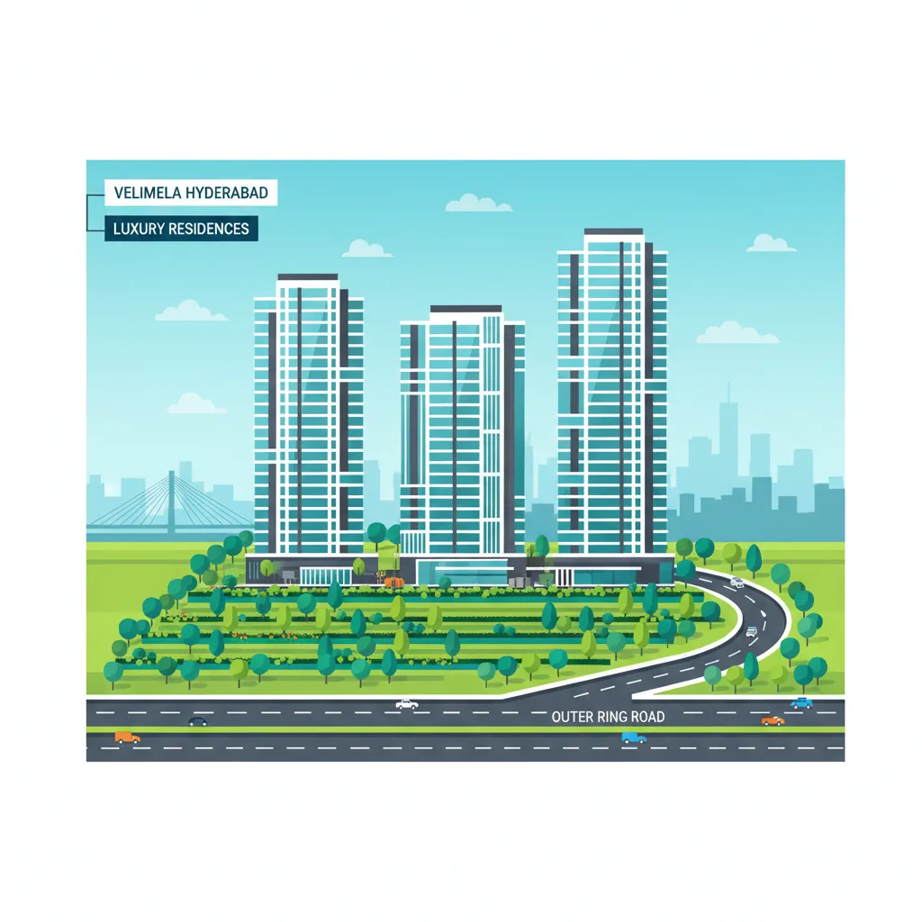 Modern luxury residential high-rise apartment towers in Velimela Hyderabad, premium real estate development with green landscaping
