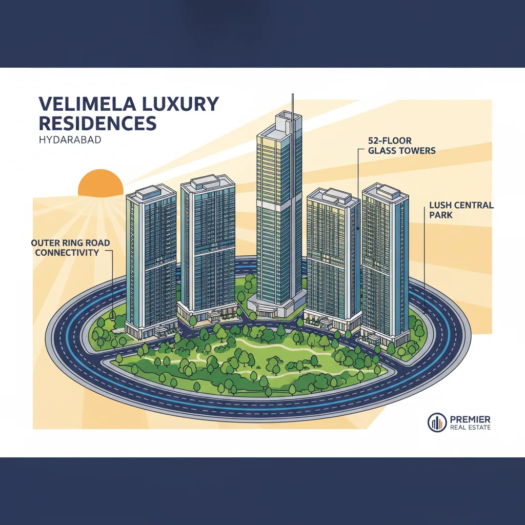Modern luxury residential high-rise apartment towers in Velimela Hyderabad with 52-floor skyscrapers and Central Park