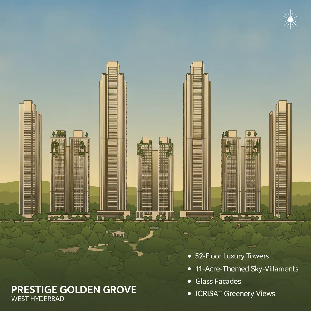 The Biggest Township in West Hyderabad: A New Era of Living Prestige Golden Grove - The largest high-rise apartment township in West Hyderabad featuring 10 luxury towers with forest-themed sky-villaments and 11-acre Central Park