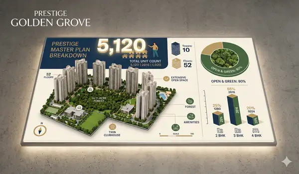 Area Breakdown Infographic - Prestige Golden Grove Prestige Golden Grove master plan infographic with scale, unit-mix breakdown, and area percentages illustrating how total project area is divided