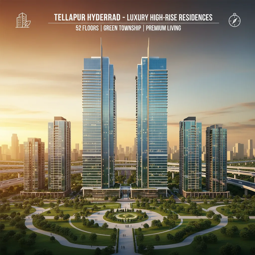 Modern luxury high-rise residential apartment towers in Tellapur Hyderabad with green landscaped township, central park, and contemporary architecture