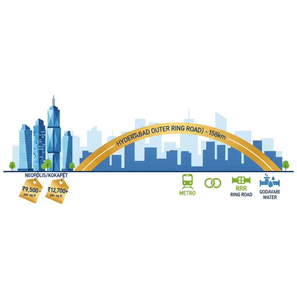 ORR Road Hyderabad 2026 Update Modern infographic showing Hyderabad ORR with real estate zones and price tags