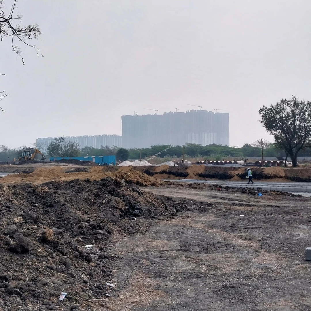 Land Overview Panoramic view of the open land and ongoing site developments at Prestige Golden Grove in Hyderabad
