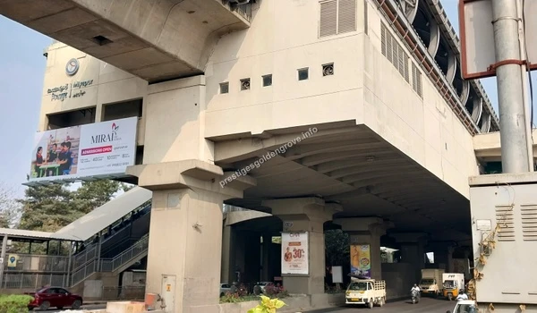 Metro Transit Hub Wide angle view of the Miyapur Metro Station pillars and surrounding transit area serving the Prestige Golden Grove community