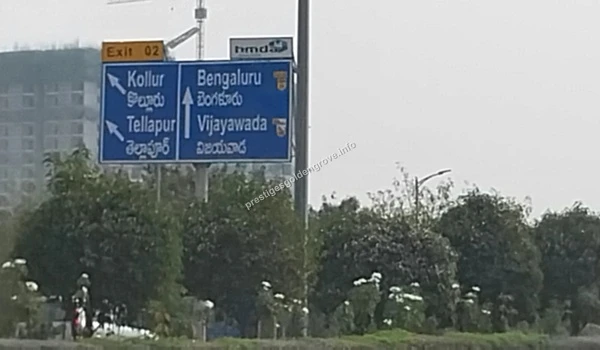 ORR Transit Way View of the highway road markers and directional boards on the Outer Ring Road, indicating the easy transit routes to Tellapur and Bengaluru from Prestige Golden Grove