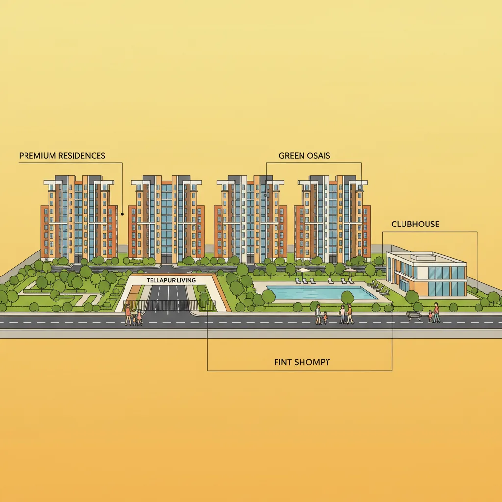 Modern residential high-rise apartment towers in Tellapur, Hyderabad with lush green landscaping and premium lifestyle amenities