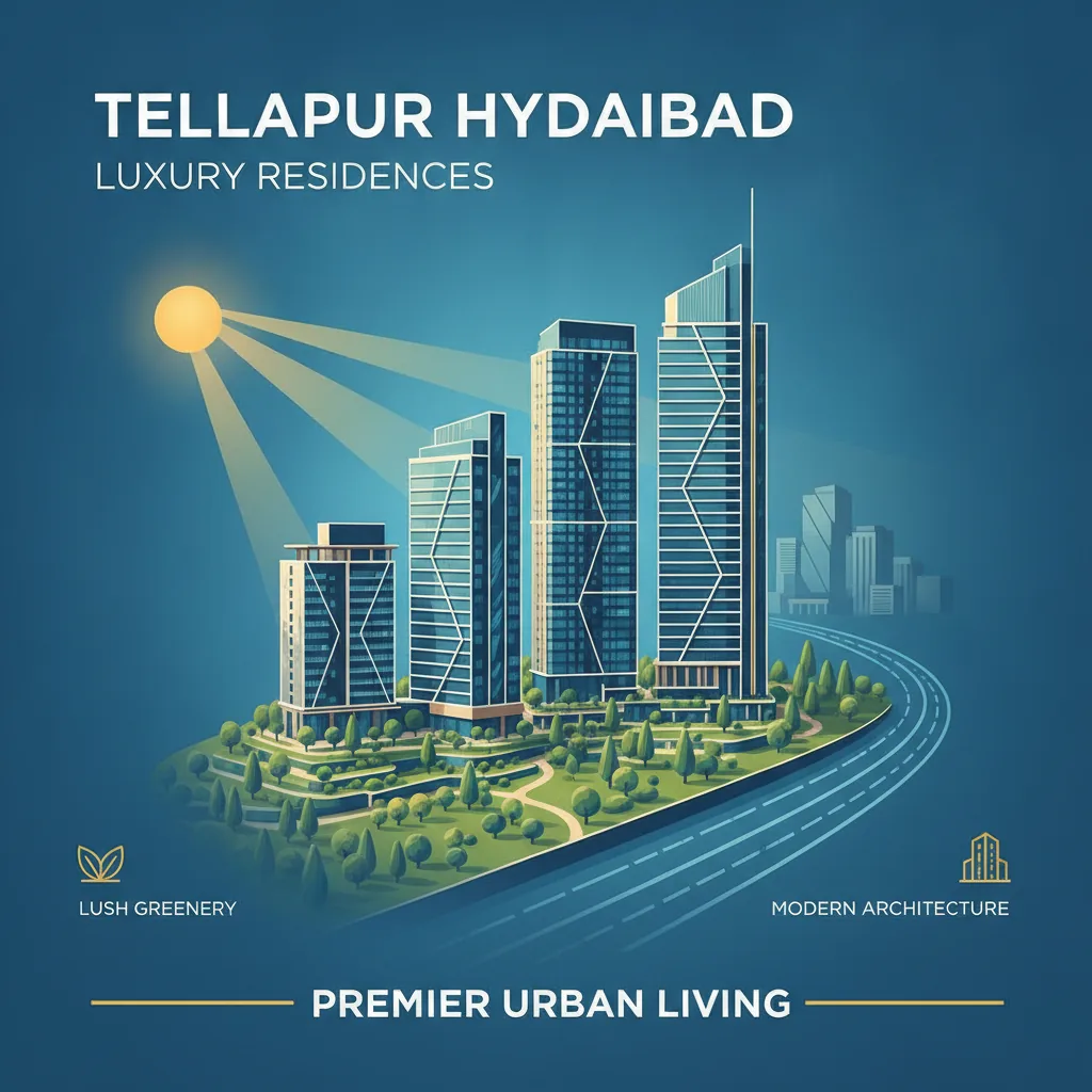 Modern luxury high-rise residential towers in Tellapur, Hyderabad with lush greenery and Nehru Outer Ring Road in background