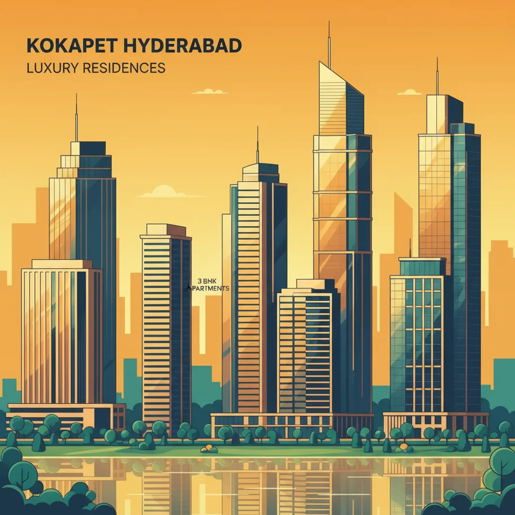 3 BHK Flats for Sale in Kokapet Hyderabad Modern luxury high-rise residential towers in Kokapet Hyderabad skyline, 3 BHK apartment buildings with glass facades, urban cityscape with green spaces, golden hour lighting, architectural visualization style, premium real estate aesthetic