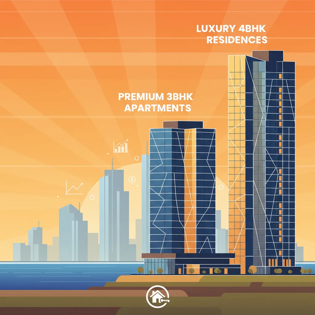 Apartments in Kokapet Hyderabad Modern luxury high-rise residential towers in Kokapet Hyderabad skyline at sunset
