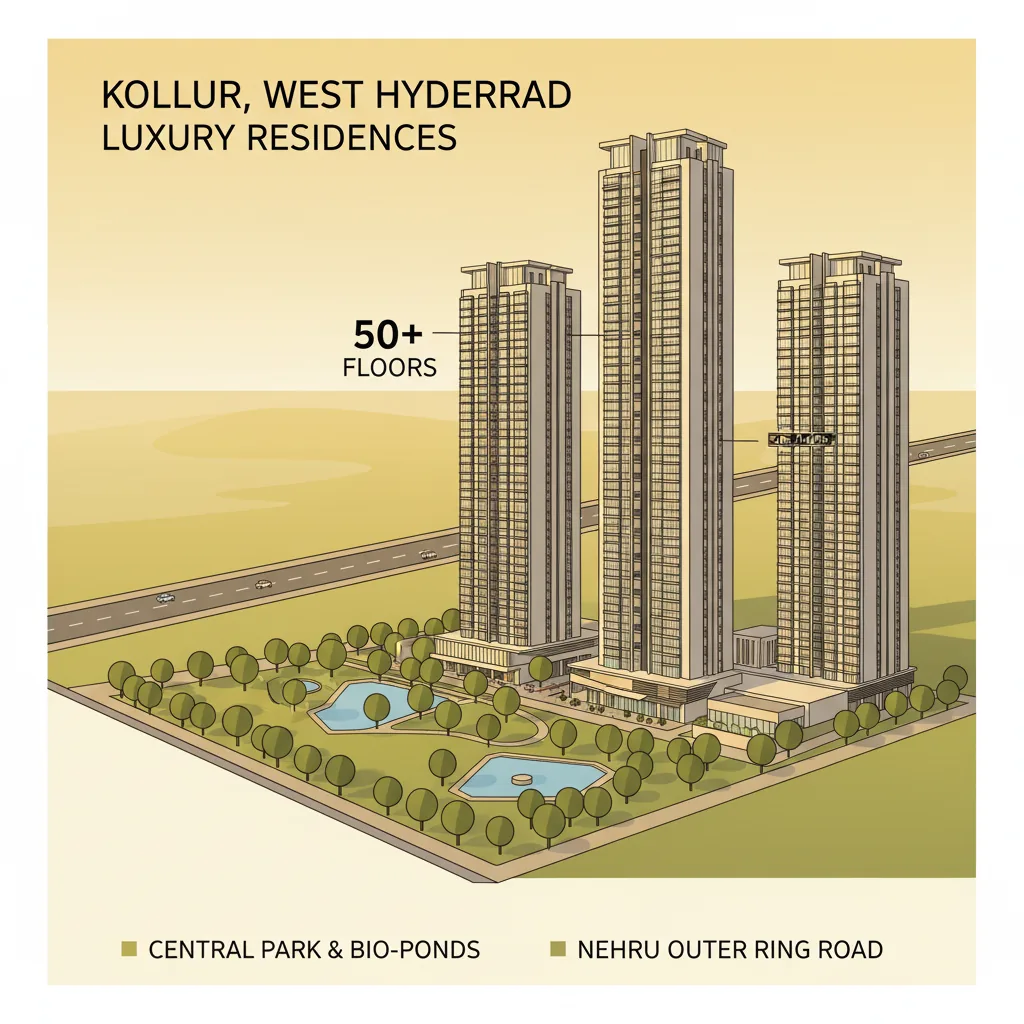 Modern luxury high-rise residential towers at Prestige Golden Grove in Kollur, West Hyderabad with Central Park and ORR in view