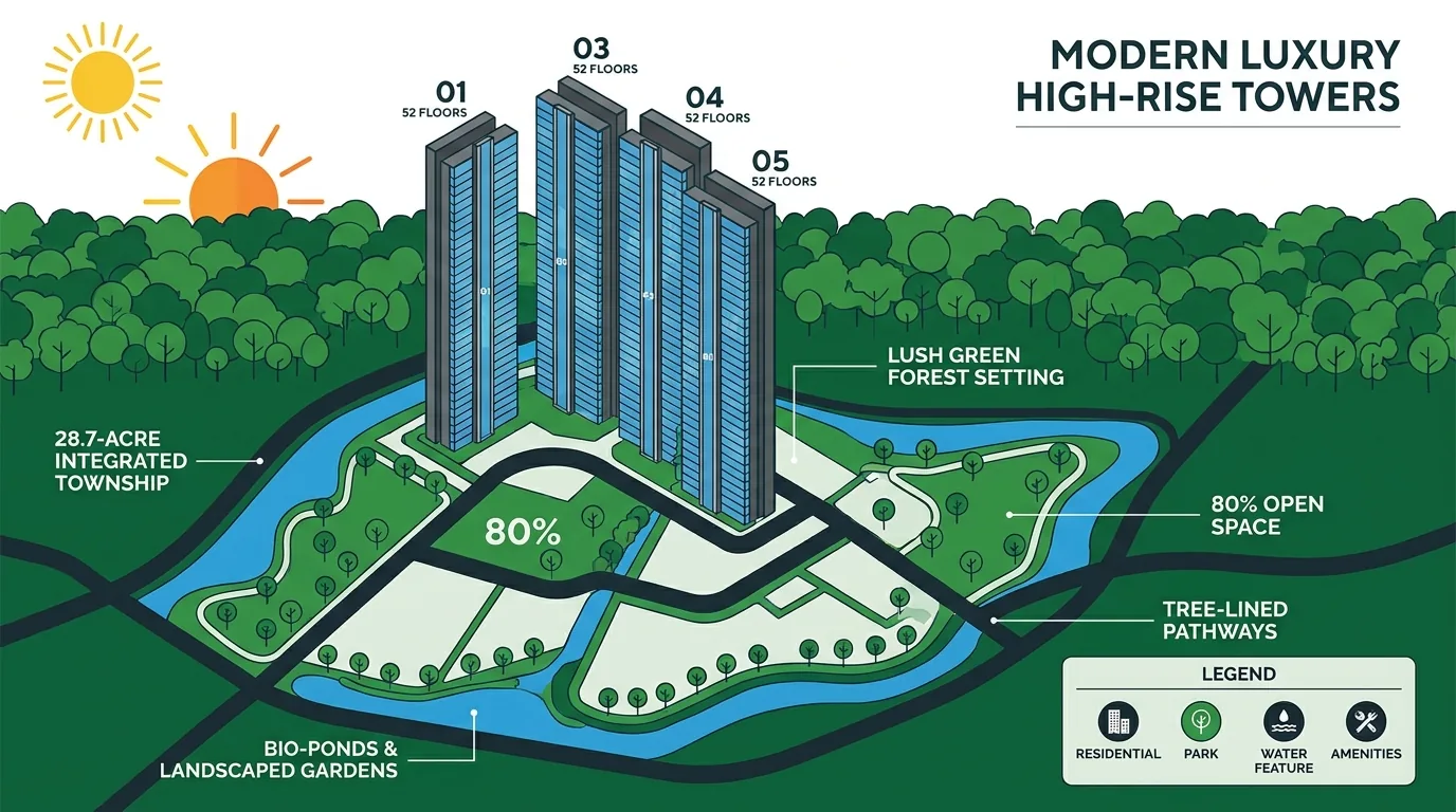 Modern luxury high-rise residential towers at Prestige Golden Grove in Kollur, featuring 52-floor glass skyscrapers surrounded by lush green parks and forest-themed township amenities
