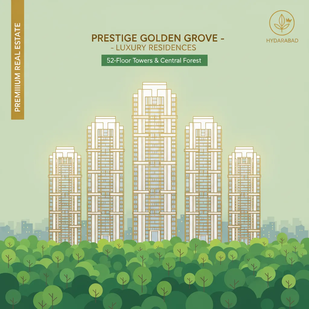 Best Investment Apartment in Hyderabad Modern luxury residential towers rising above a lush green forest landscape, Prestige Golden Grove style apartment complex with 52-floor skyscrapers and 11-acre central forest