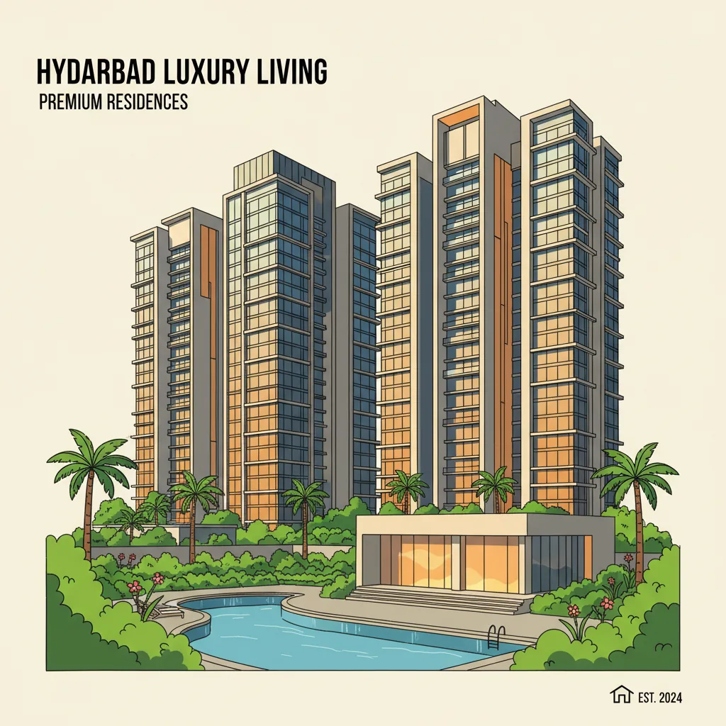 Best Prestige Projects in Hyderabad: Locations, Prices, and Amenities Modern luxury residential apartment towers in Hyderabad with glass facades and lush landscaping