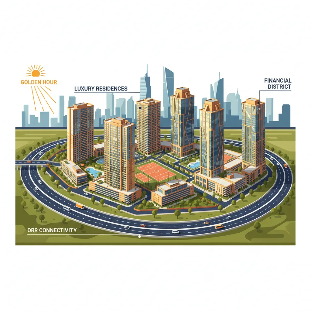 Modern luxury high-rise residential towers in Kokapet Hyderabad with ORR connectivity and Financial District skyline