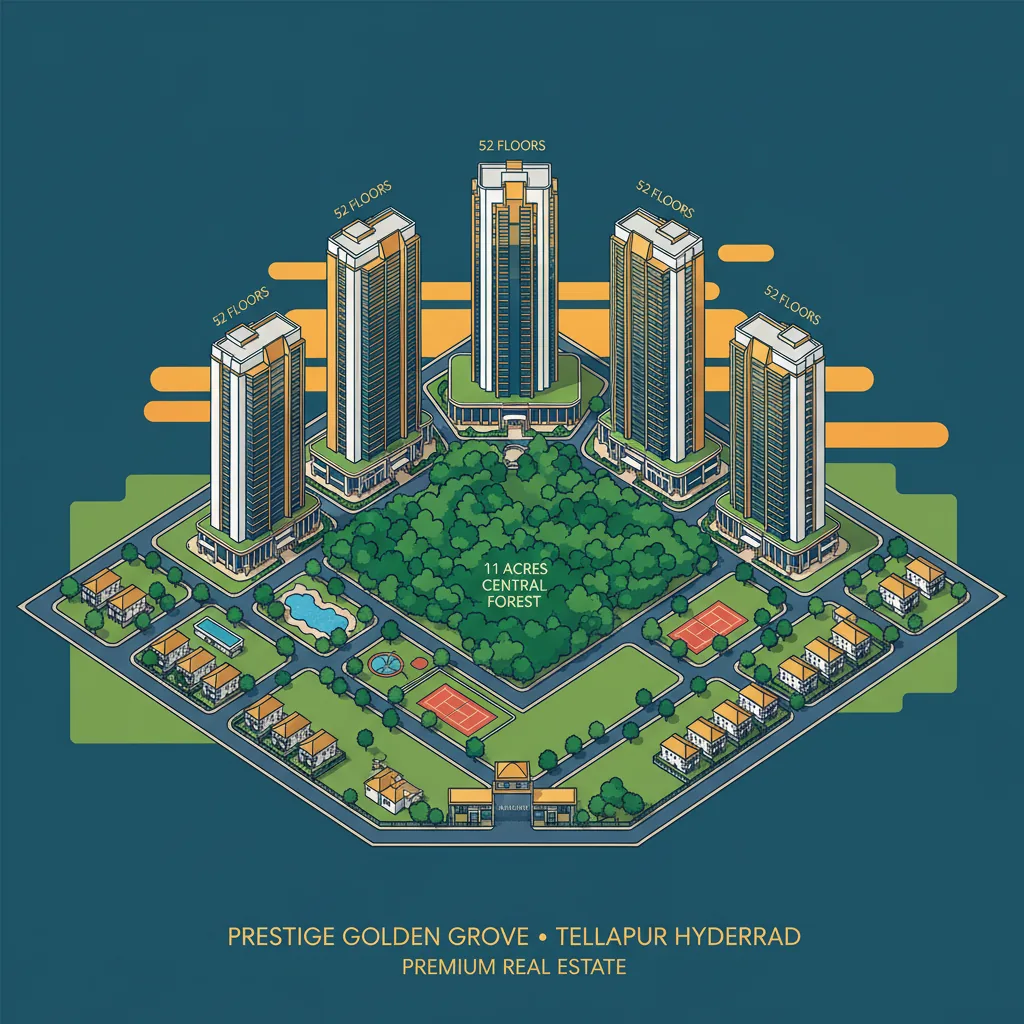 Modern luxury residential towers at Prestige Golden Grove in Tellapur Hyderabad with 52-floor skyscrapers rising above lush green forest landscape