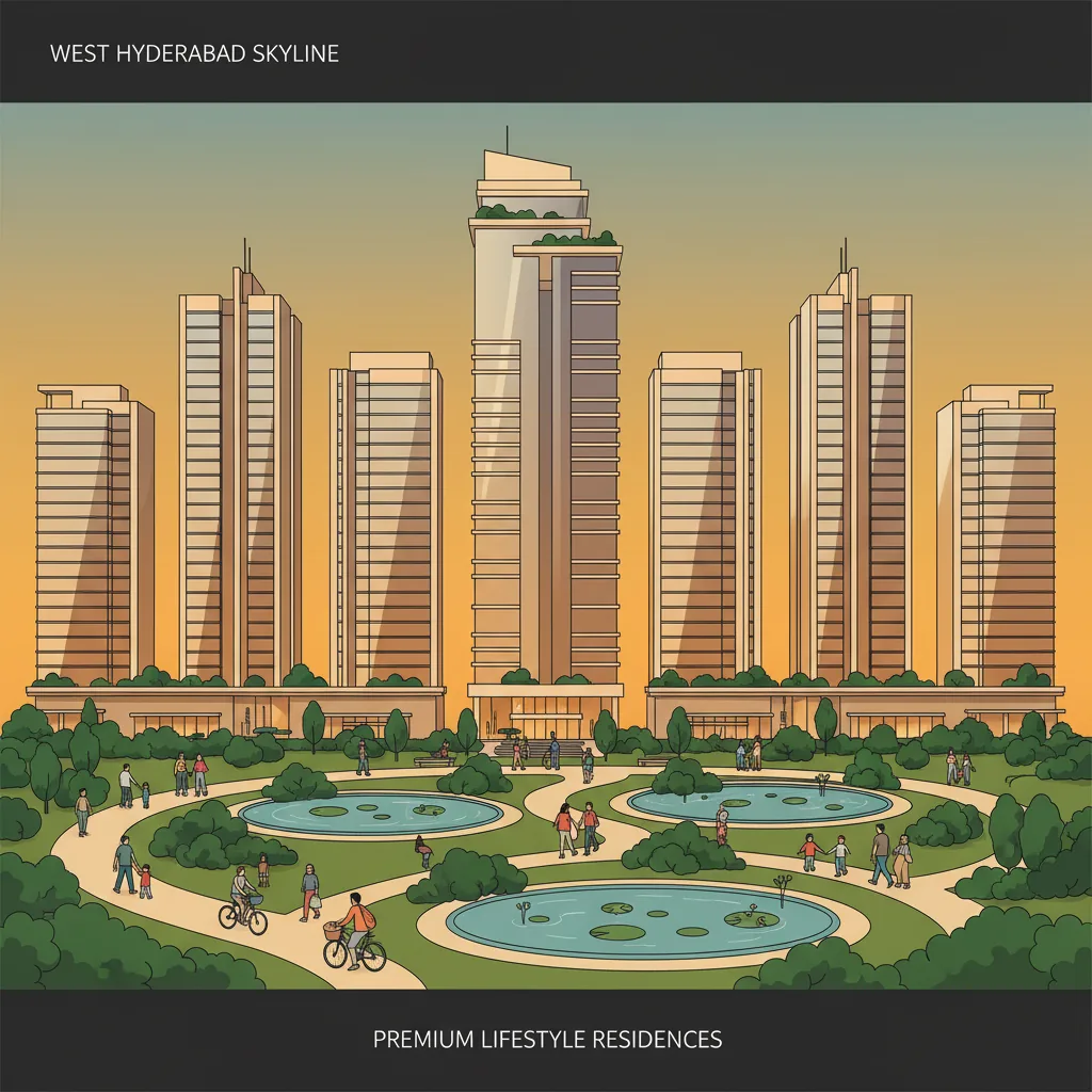 Modern luxury gated community high-rise residential towers at sunset in Tellapur, West Hyderabad