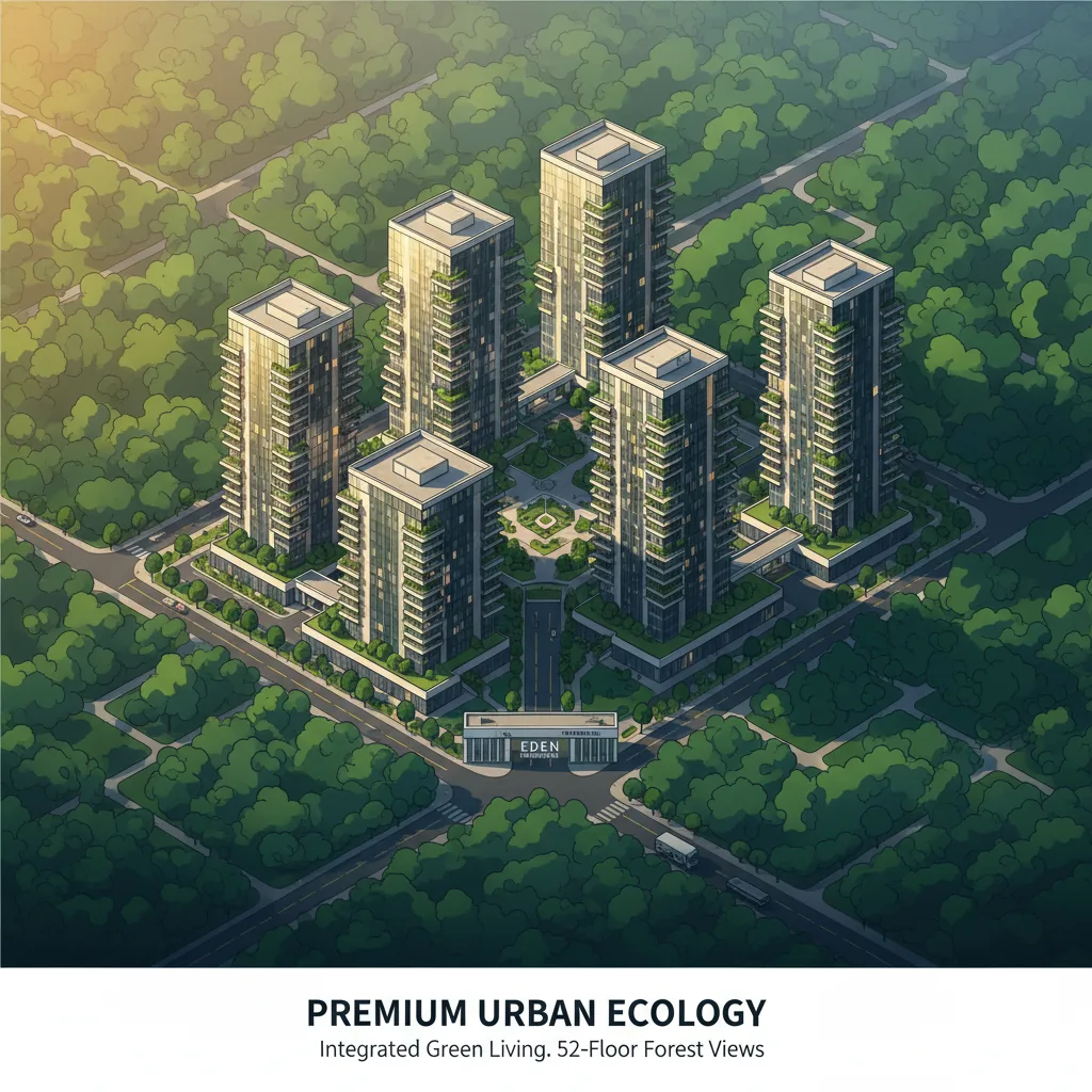Modern luxury residential towers rising above a lush green forest landscape, aerial view of Prestige Golden Grove gated community