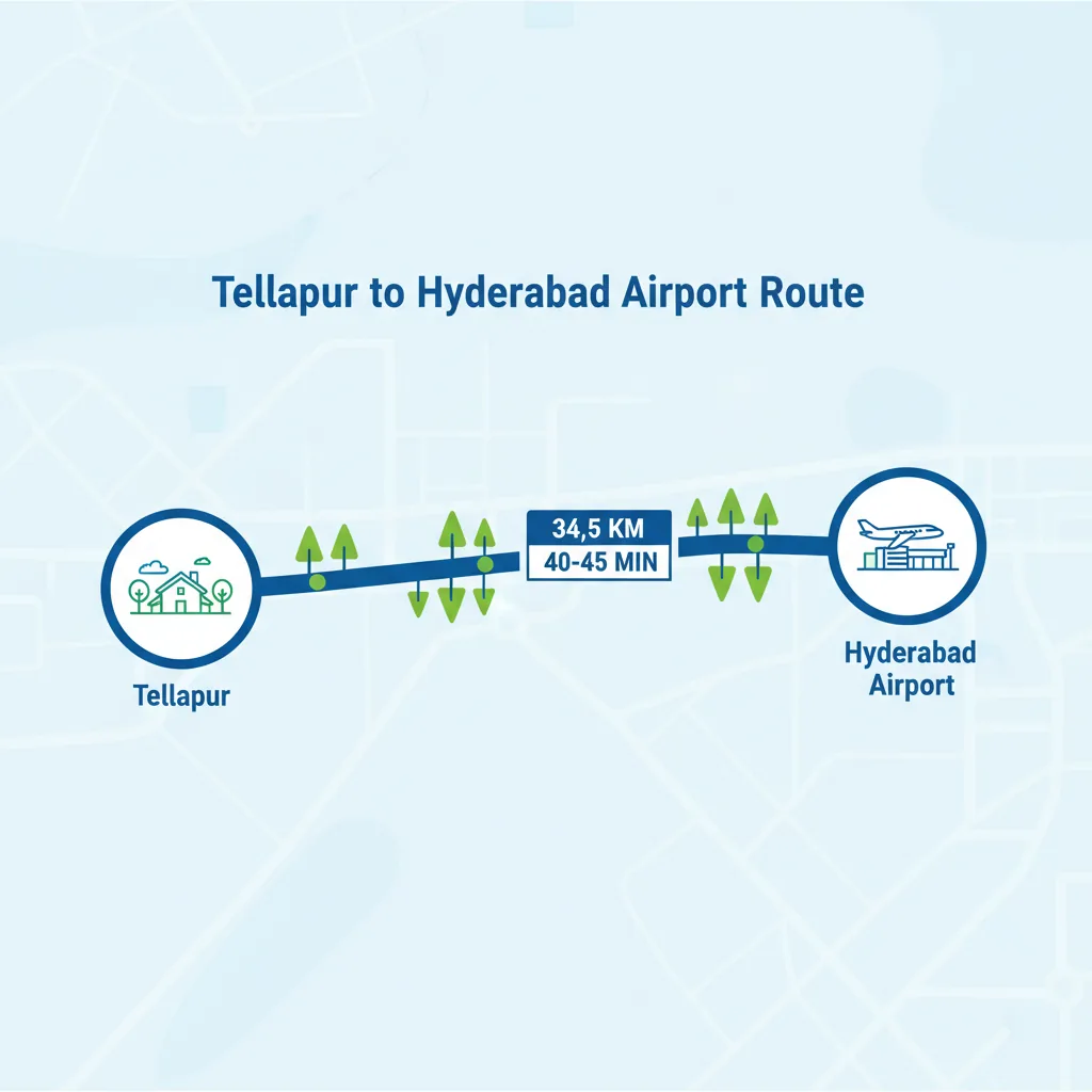 Infographic showing Tellapur to Hyderabad airport route via ORR with 34.5 km distance and 40-45 min travel time