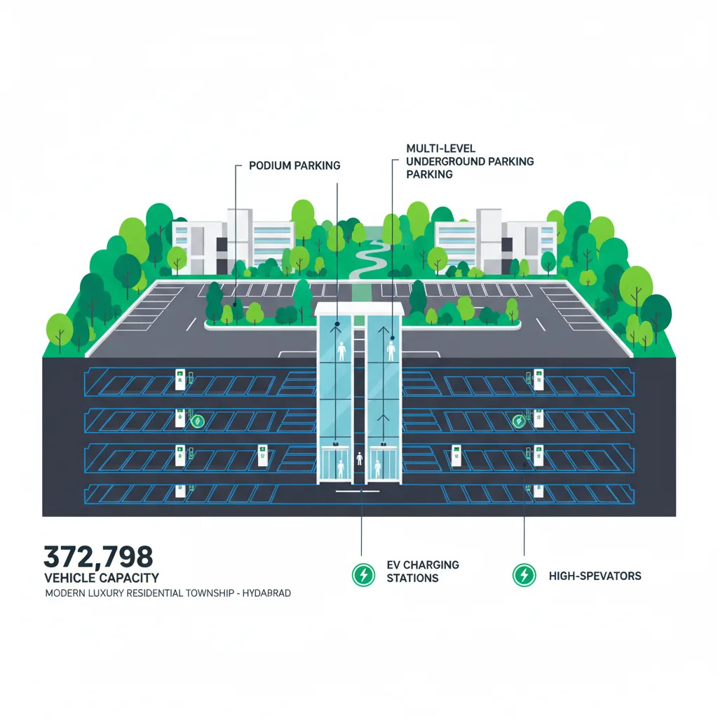 Modern luxury residential township parking infrastructure visualization, multi-level underground and podium parking structure with EV charging stations and high-speed elevators