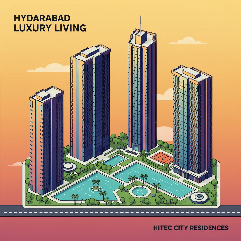 Modern luxury residential skyline near Hitech City Hyderabad featuring elegant high-rise apartment towers with premium amenities and lush landscaping