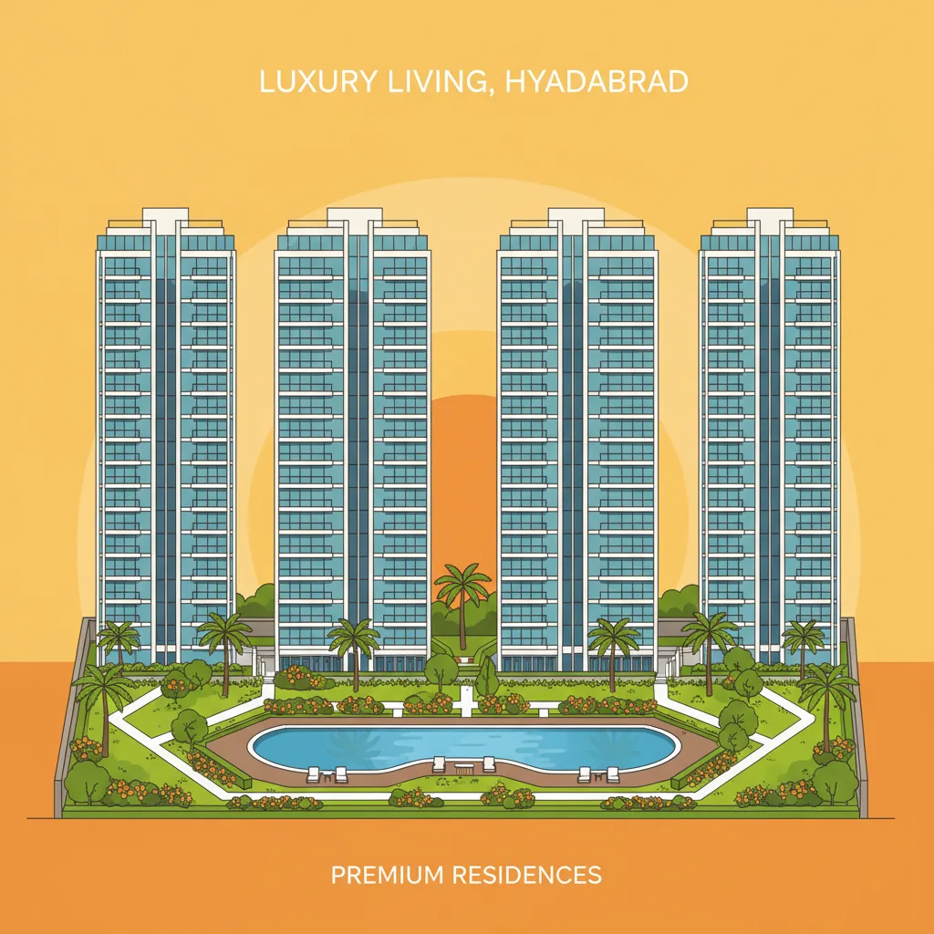 Modern luxury residential apartment complex in Kondapur area with landscaped gardens and swimming pool at sunset