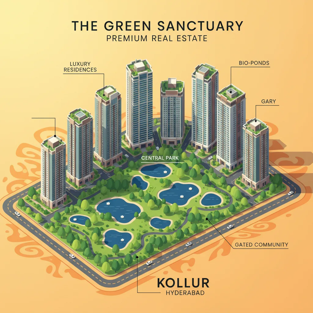 New Apartments in Kollur Hyderabad Modern luxury high-rise residential towers at Prestige Golden Grove in Kollur Hyderabad, showing 10 skyscrapers surrounded by forest-themed Central Park