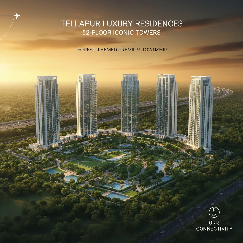 New Apartments in Tellapur - Modern luxury high-rise residential towers at Prestige Golden Grove with forest-themed Central Park and ICRISAT buffer zone views