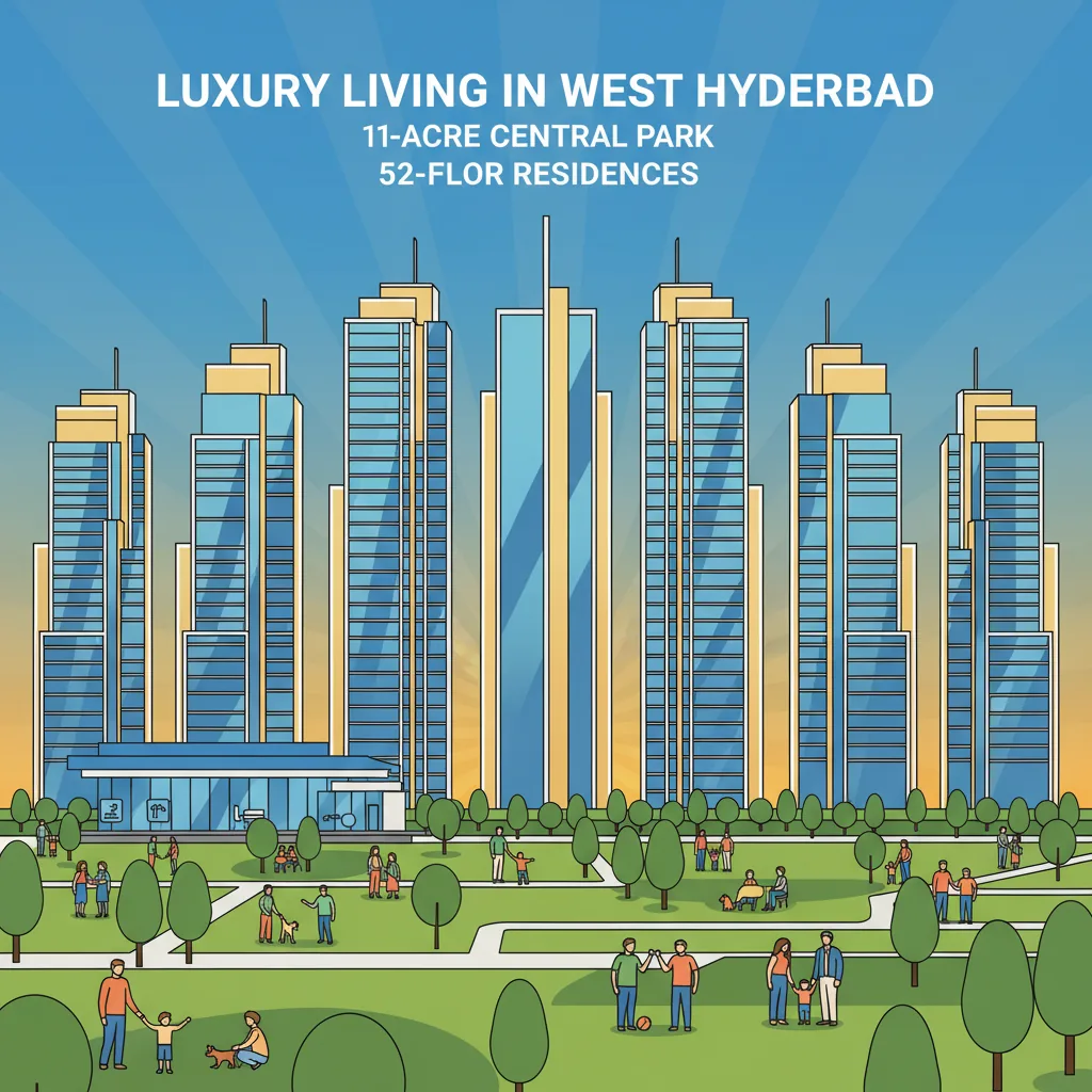 Modern luxury high-rise residential towers at Prestige Golden Grove with 52-floor skyscrapers, glass facade, and central park view in West Hyderabad
