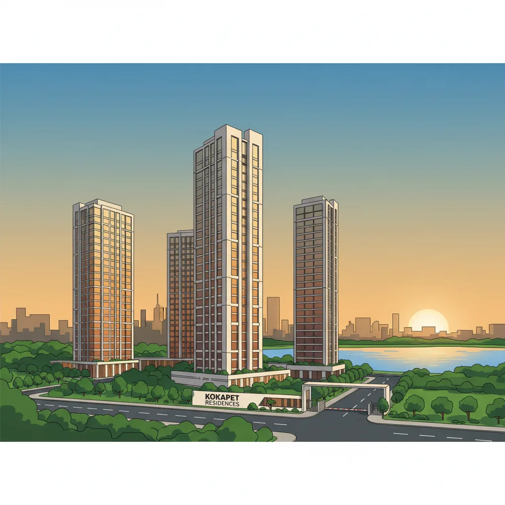 Modern luxury high-rise residential towers in Kokapet Hyderabad at golden hour with Osman Sagar lake views