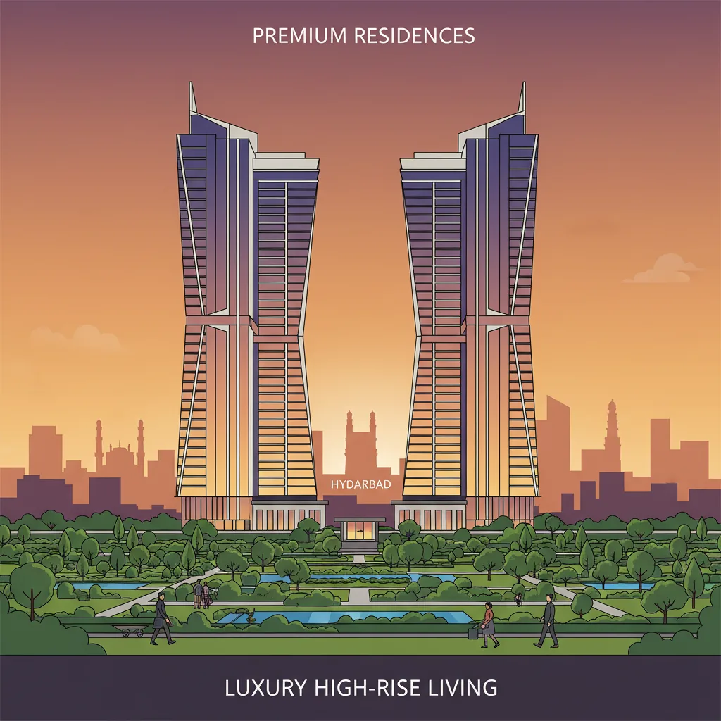 Modern luxury residential high-rise apartment towers in Hyderabad, contemporary architecture with glass facades and green landscapes