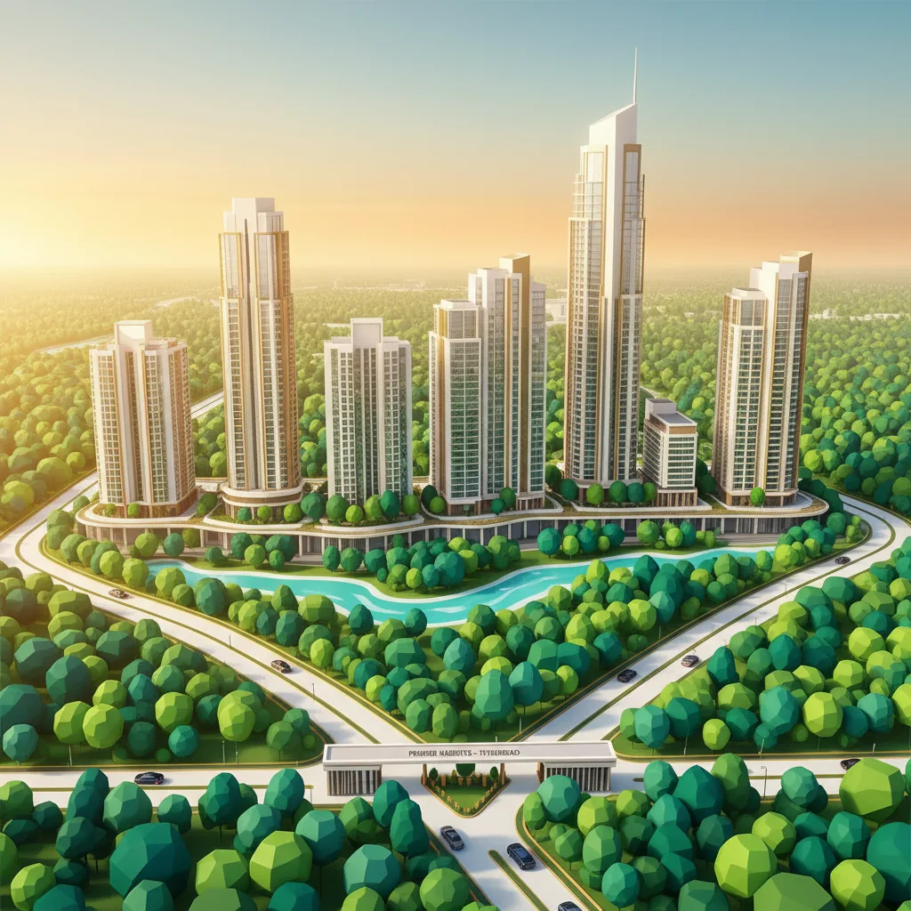 Pre launch gated community projects in Hyderabad Modern luxury residential towers surrounded by lush green forest landscape in Hyderabad