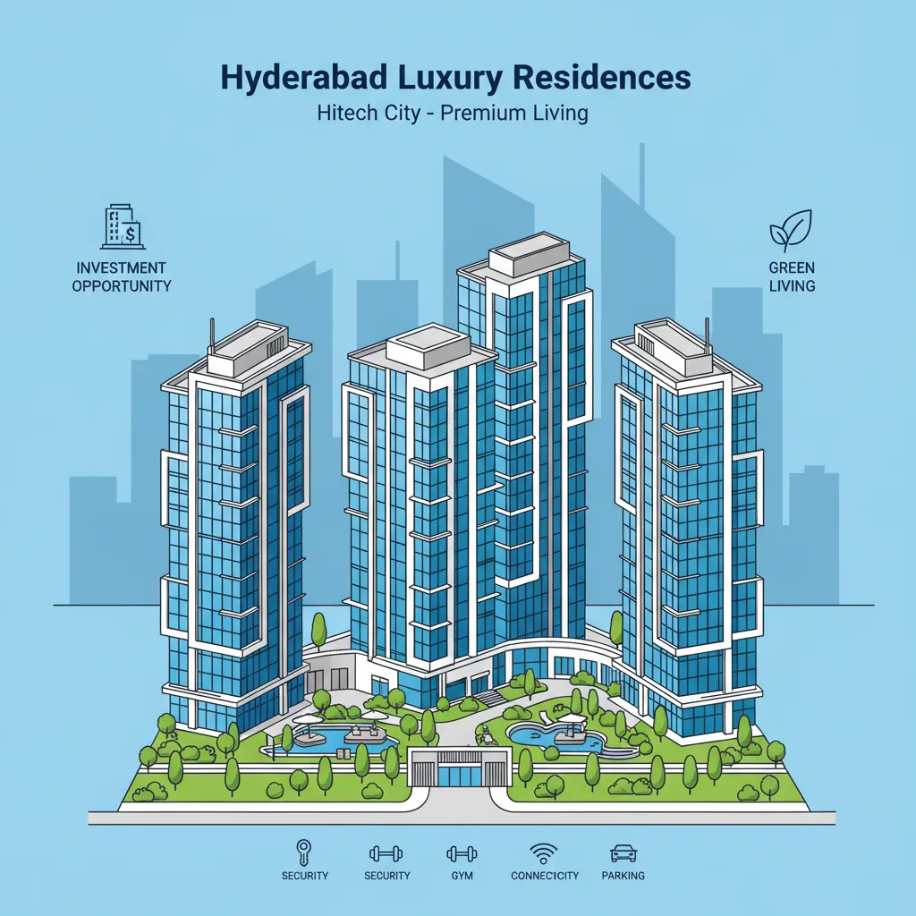 Best Flats Near Hitech City in Hyderabad Modern luxury residential apartment complex in Hyderabad Hitech City area with glass facades and landscaped surroundings