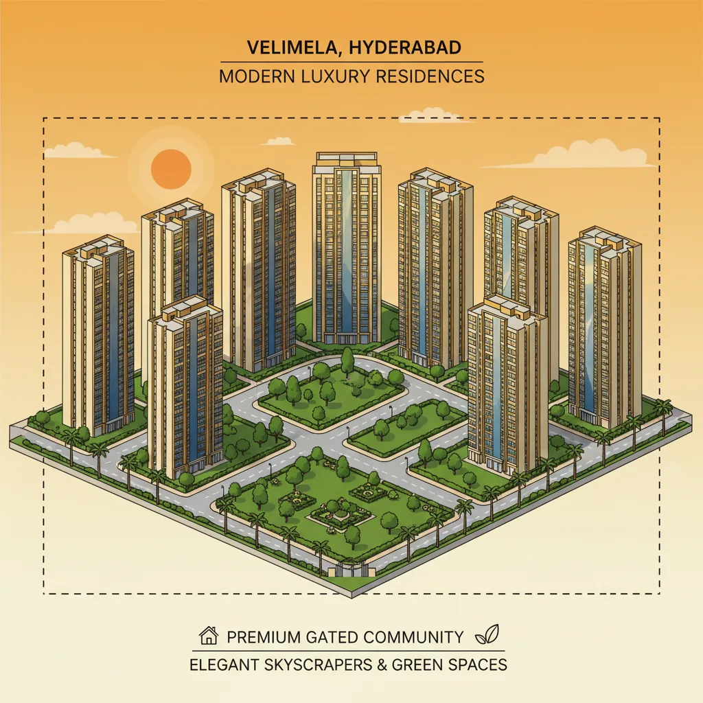 Modern luxury high-rise residential apartment towers in Velimela, Hyderabad with 10 elegant skyscrapers, glass facades, and landscaped gardens