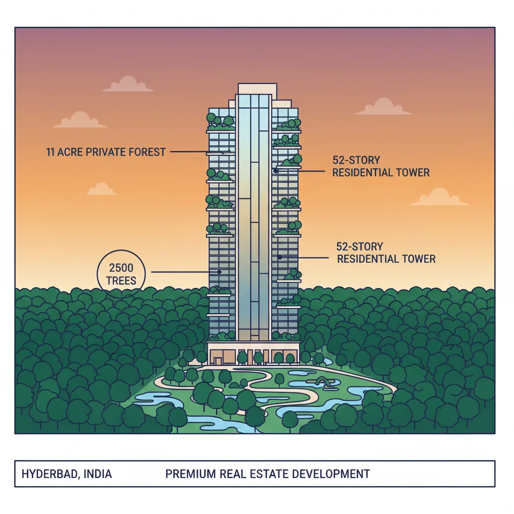 Prestige Golden Grove luxury residential tower with 52-story glass facade overlooking 11-acre private forest in Hyderabad