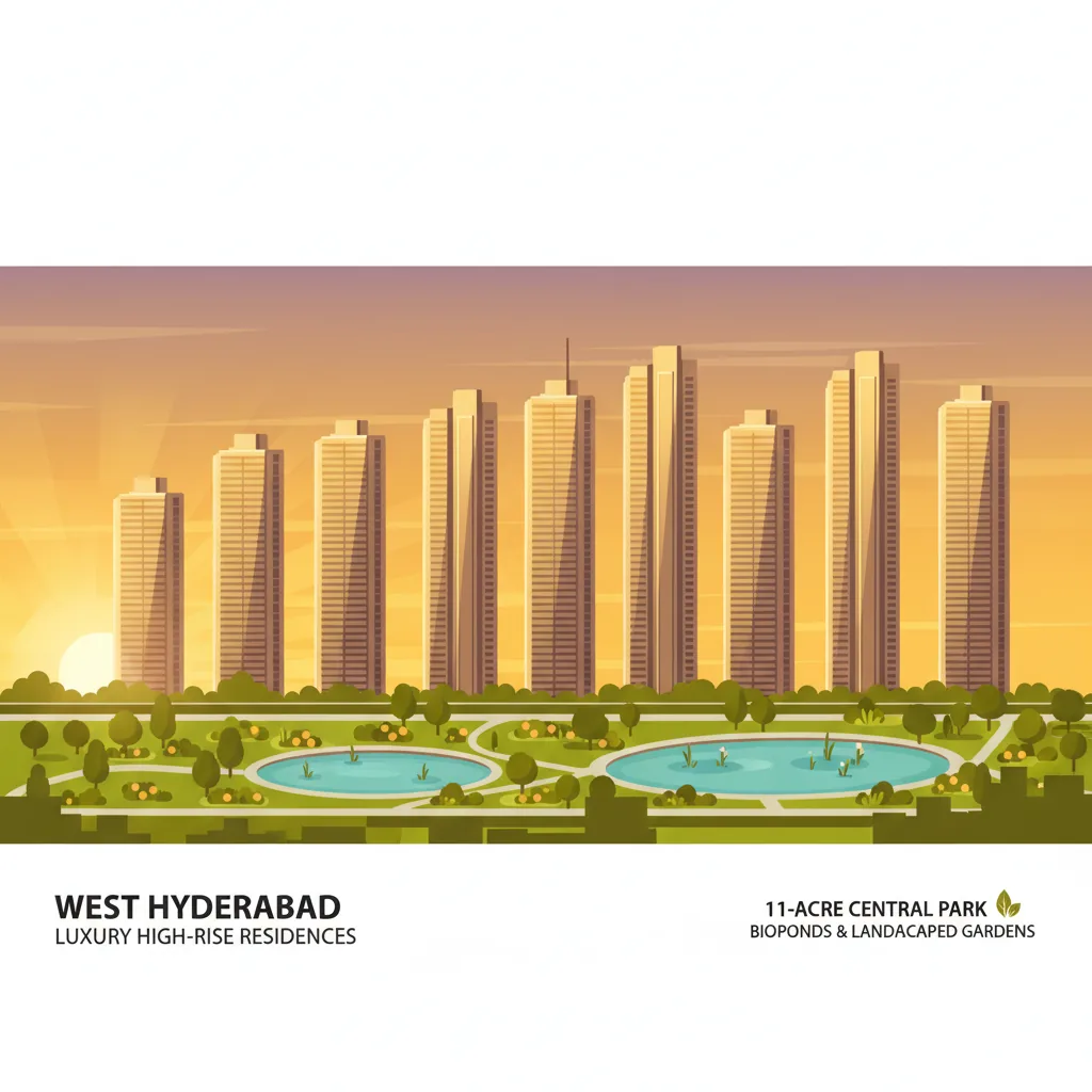 Modern luxury high-rise residential towers at golden hour with 10 iconic skyscrapers and lush 11-acre central park