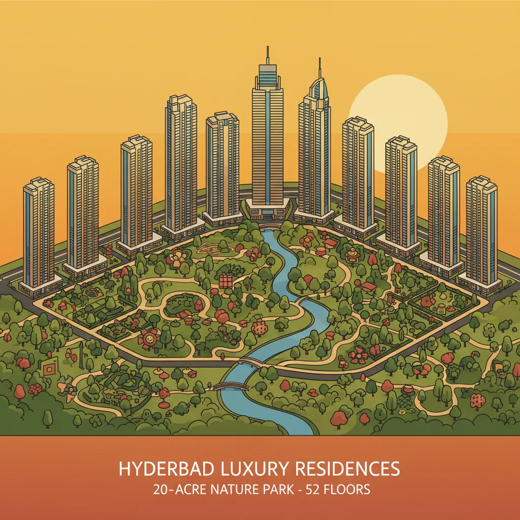 Prestige Apartments Gachibowli Hyderabad | 2026 Buying Guide Prestige Apartments Gachibowli Hyderabad | 2026 Buying Guide - Modern luxury high-rise residential towers in Hyderabad at golden hour, forest-themed township with lush green landscaping, 52-floor skyscrapers, aerial view showing 20-acre nature park, Disney-inspired gardens