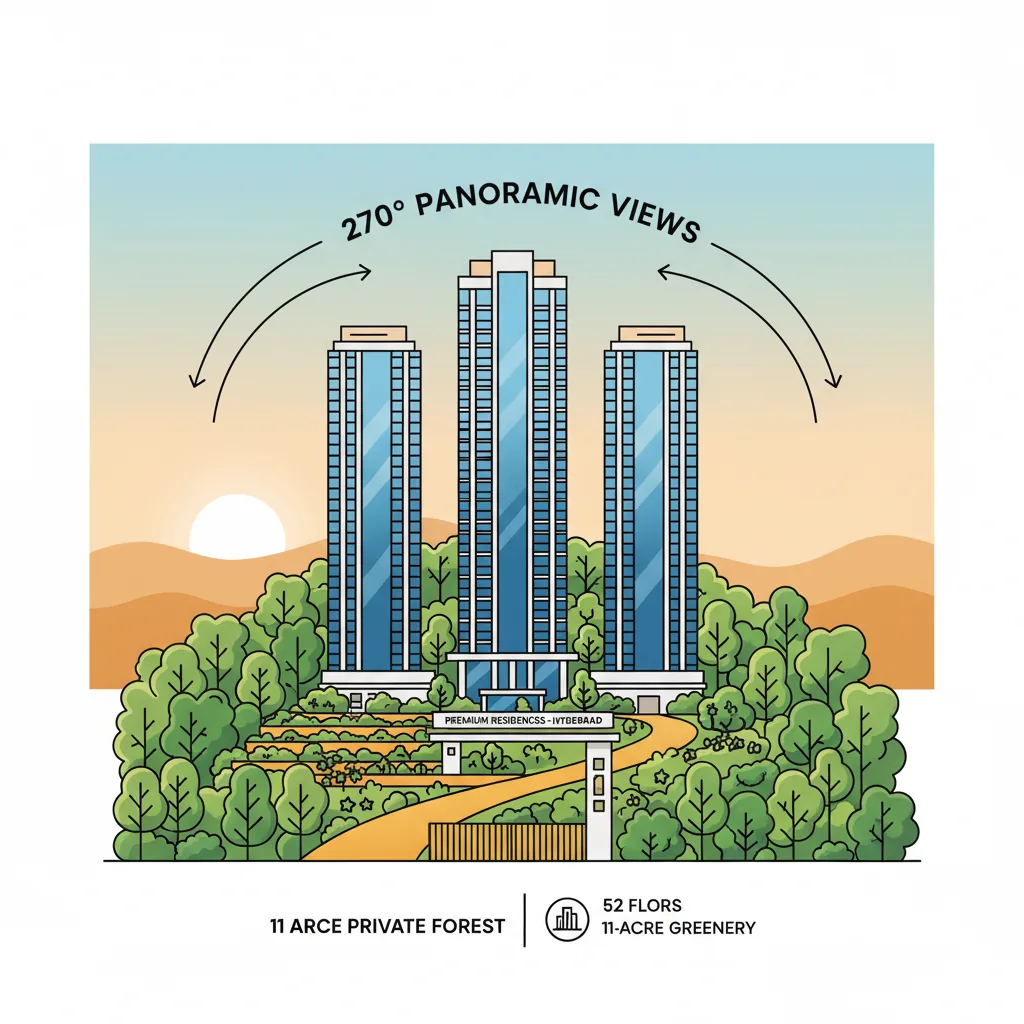 Prestige Apartments in Kollur Hyderabad Modern luxury high-rise residential towers at Prestige Golden Grove in Kollur Hyderabad, featuring 52-floor glass towers surrounded by lush 11-acre private forest
