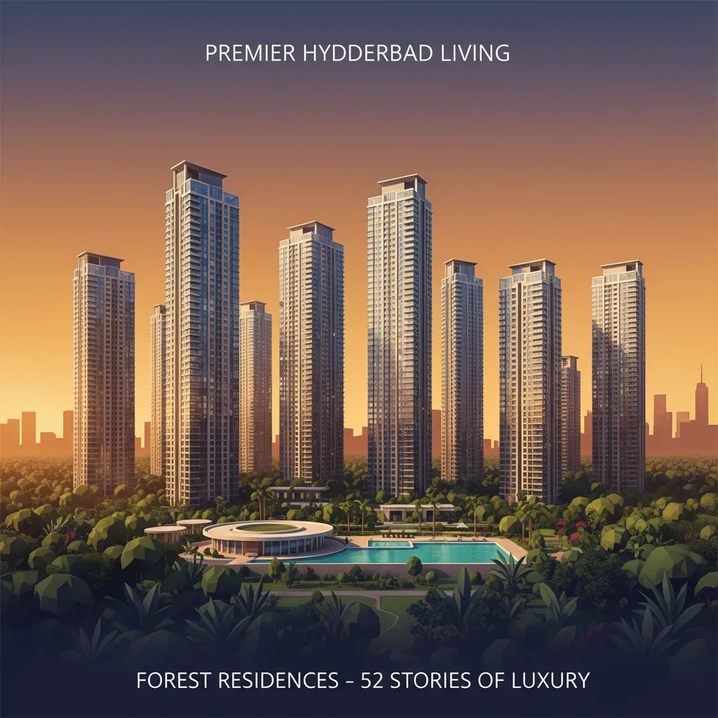 Modern luxury high-rise residential towers at sunset, 10 sleek glass towers surrounded by lush forest landscape, Prestige Golden Grove luxury apartment complex, Hyderabad real estate