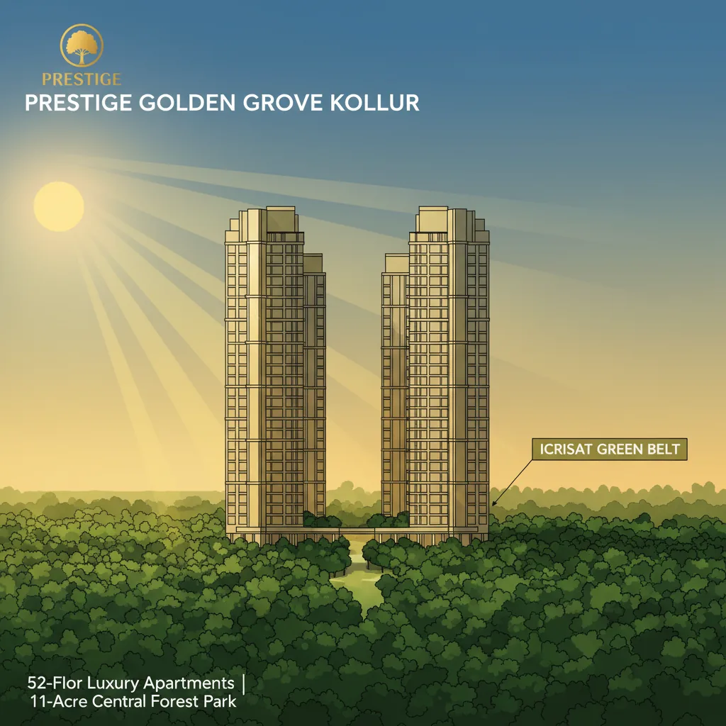 Modern luxury residential apartment towers rising above a lush green forest canopy at Prestige Golden Grove Kollur - 52-floor skyscrapers with glass facades surrounded by 11-acre central forest park