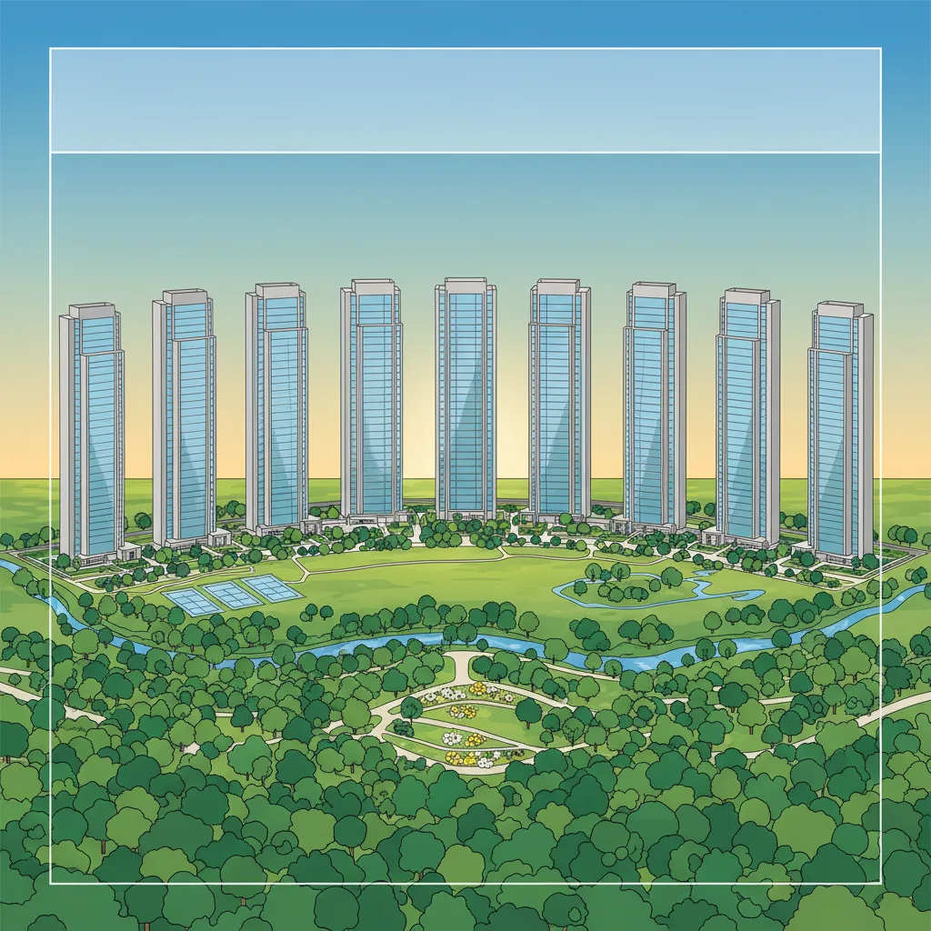 Prestige Golden Grove - Prestige Upcoming Project in Hyderabad Prestige Golden Grove Hyderabad - Aerial view of luxury residential township with forest sanctuary and ten high-rise towers