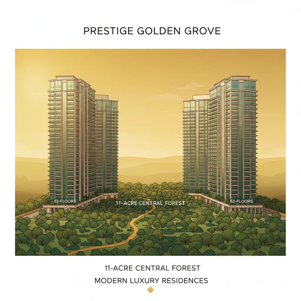 Prestige Golden Grove - Prestige Kollur New Launch: Modern luxury high-rise residential towers surrounded by lush green forest landscape