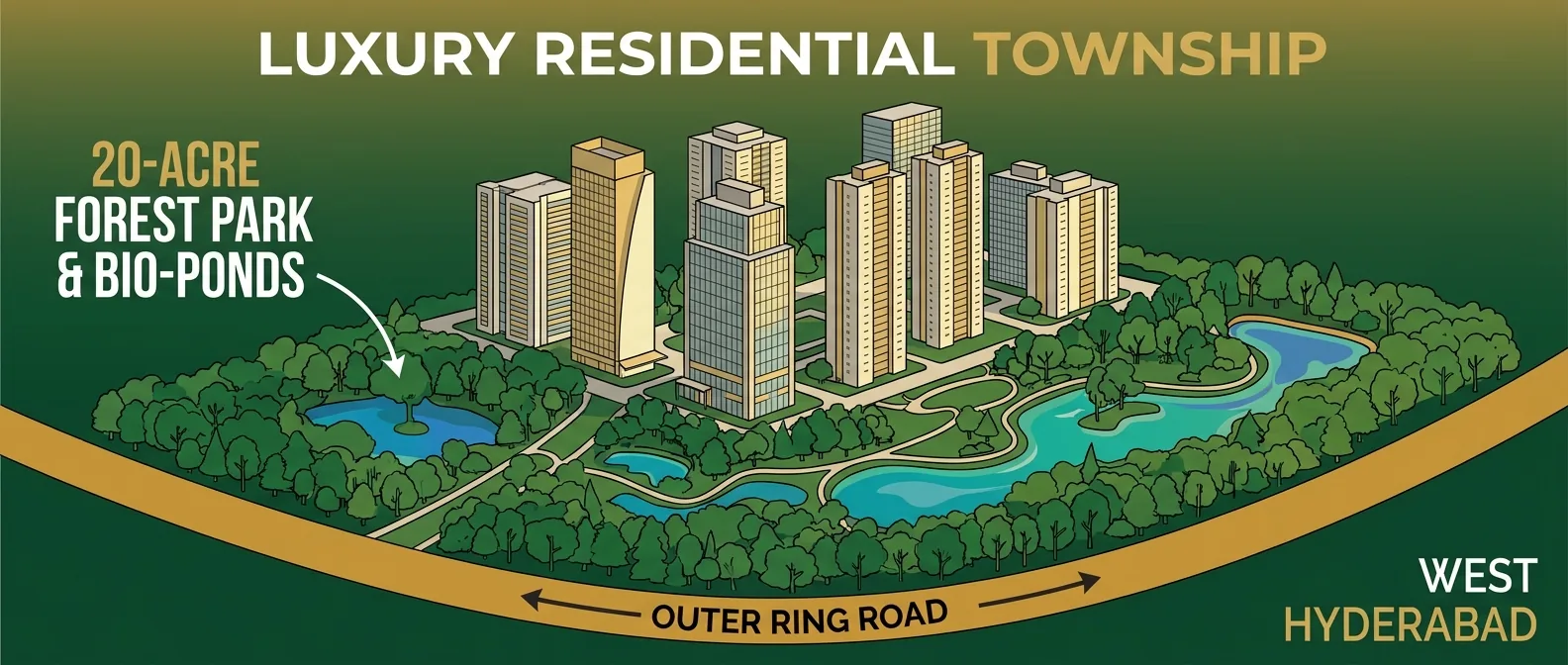 Prestige Golden Grove luxury township aerial view with forest park and bio-ponds