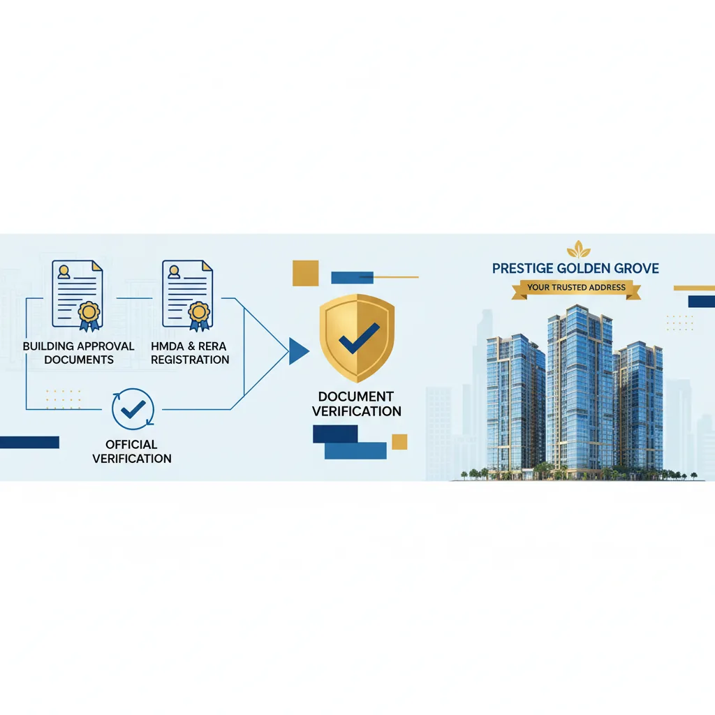 Professional real estate infographic showing official building approval documents, HMDA and RERA registration certificates, modern high-rise residential towers in background, clean corporate design with blue and gold accents, Prestige Golden Grove branding elements, document verification theme