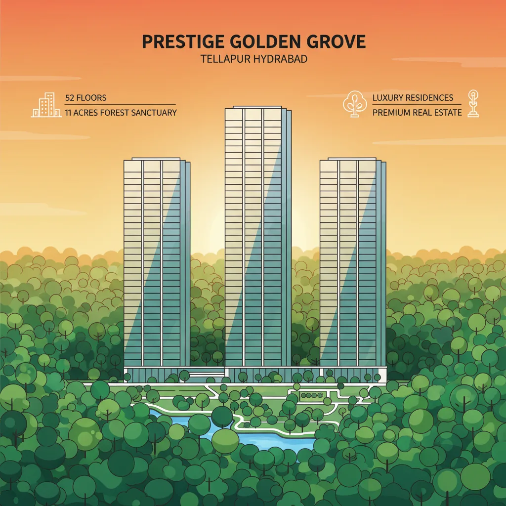 Prestige Golden Grove luxury high-rise residential towers surrounded by lush green forest in Tellapur Hyderabad