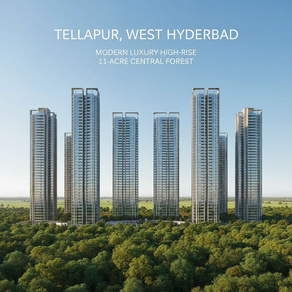 Prestige Golden Grove luxury high-rise residential towers in Tellapur, West Hyderabad with 52-floor buildings and 11-acre central forest