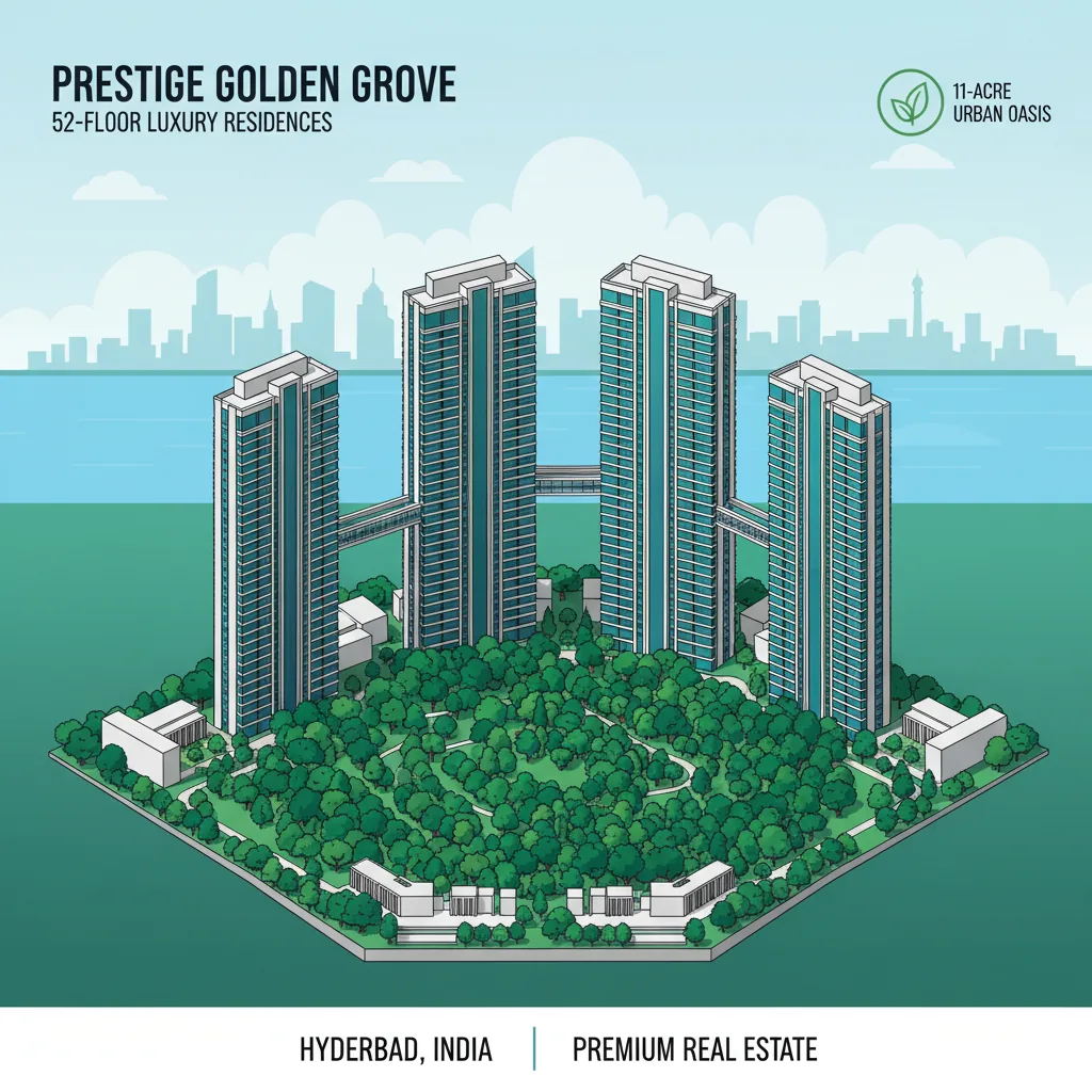 Prestige Golden Grove - Prestige Tellapur Project in Hyderabad Aerial view of Prestige Golden Grove luxury residential towers with 52 floors surrounded by 11-acre central forest in Tellapur, Hyderabad