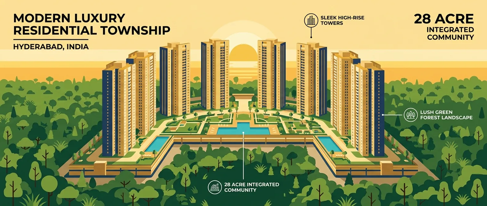 Aerial view of Prestige Golden Grove luxury residential township with 10 high-rise towers surrounded by lush green landscape in Hyderabad
